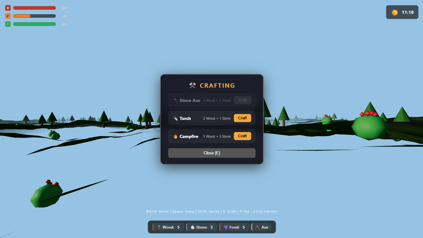 Crafting menu open, showing Axe, Torch, and Campfire recipes with resource costs listed