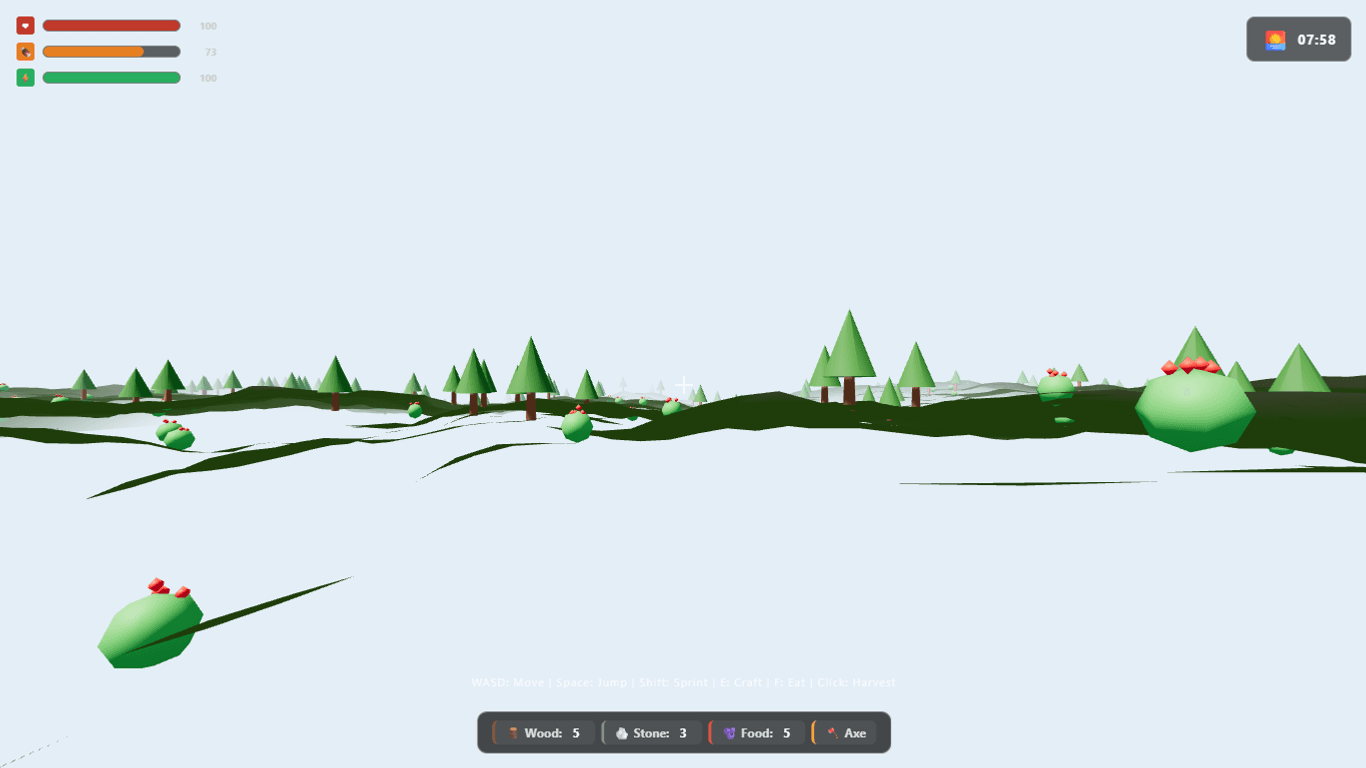 Rolling biome terrain with mountain, forest, and grassland zones visible from the player's spawn point