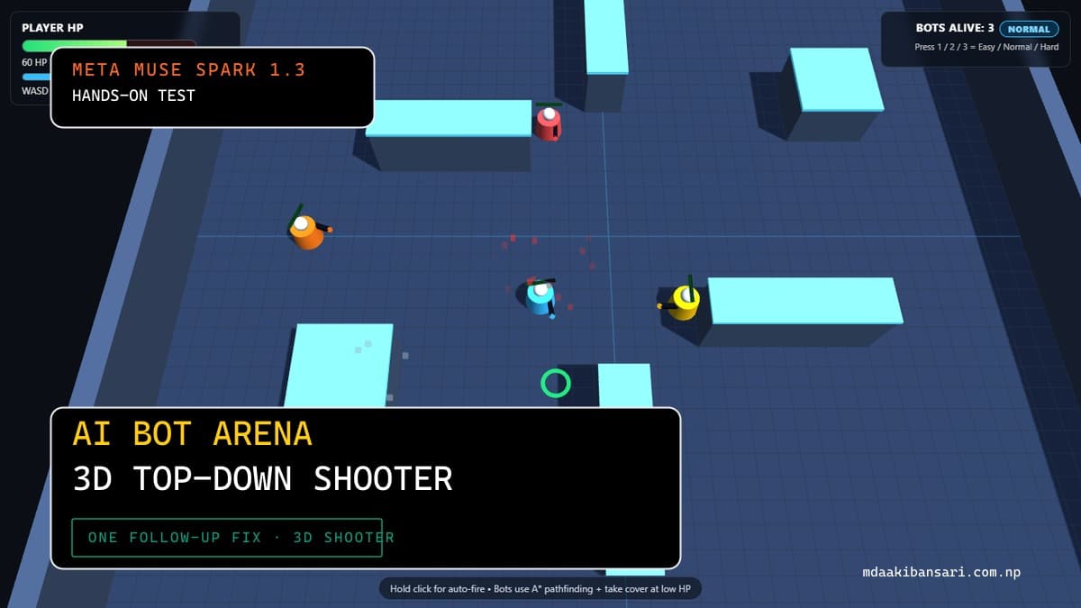 I Prompted Meta Muse Spark 1.3 to Build an AI Bot Arena Shooter — Real A* Pathfinding and Cover AI in 736 Lines