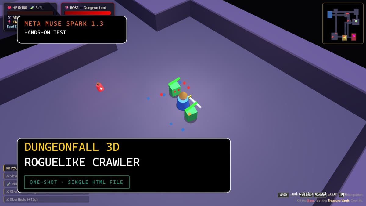 I Prompted Meta Muse Spark 1.3 to Build a 3D Roguelike Dungeon Crawler — Clean Permadeath Loop in 736 Lines (One-Shot)
