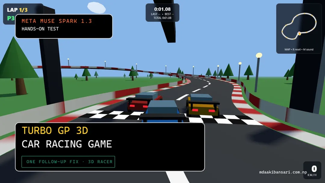 I Asked Meta Muse Spark 1.3 to Build a 3D Car Racing Game — One Broken Road Bug, Fixed on Prompt Two