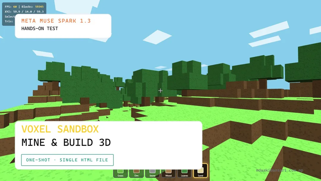 I Asked Meta Muse Spark 1.3 to Build a Voxel Sandbox in Three.js — 60 FPS Chunk Meshing in 658 Lines (One-Shot)