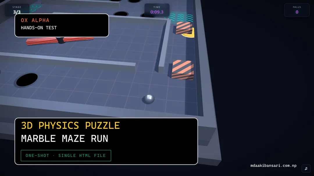I Prompted Ox Alpha to Build a 3D Marble Physics Maze — Custom Collision Math, No Physics Library, One Shot