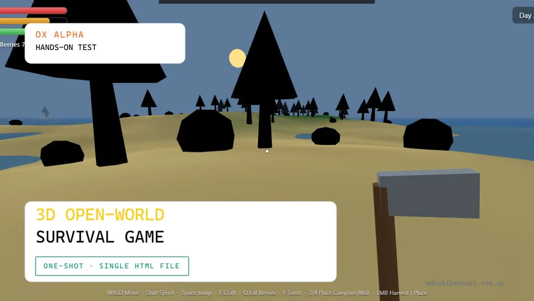 I Prompted Ox Alpha to Build a 3D Open-World Survival Game — The Code Worked First Try, the Menu Took a Second Click