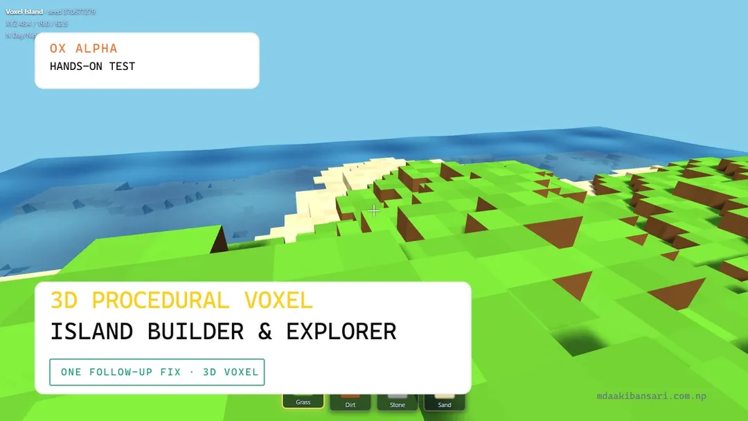 I Prompted Ox Alpha to Build a 3D Voxel Island Explorer — One Bug Found, One Prompt to Fix It